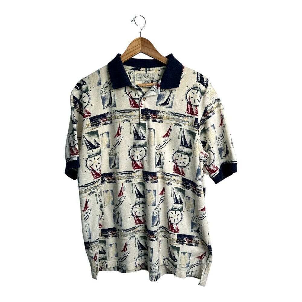 Natural Issue "Sail Boat" Theme Polo Shirt Men's Size Large Nautical, Sailing‎